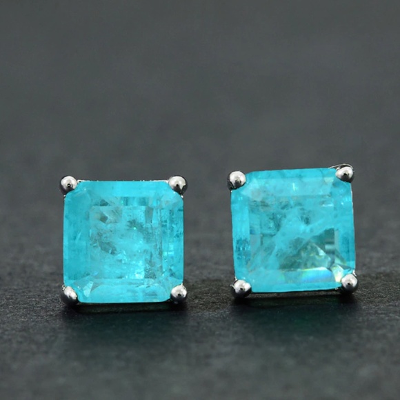 Blue Tourmaline Gemstone Birthstone Ear Stud Earrings - Picture 3 of 4